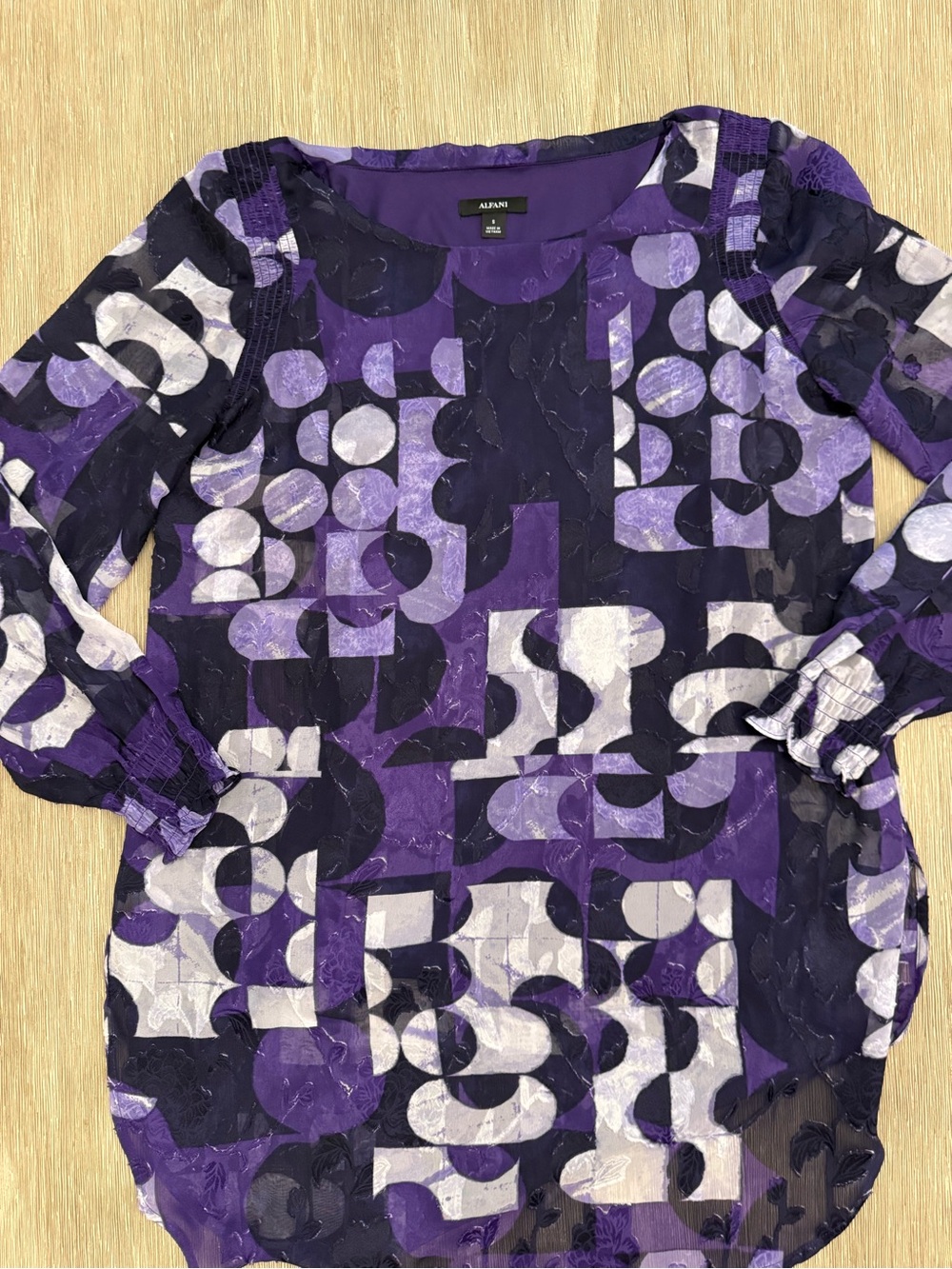 Alfani Purple & White Geometric Burnout sheer smocked Long Sleeve tunic - small